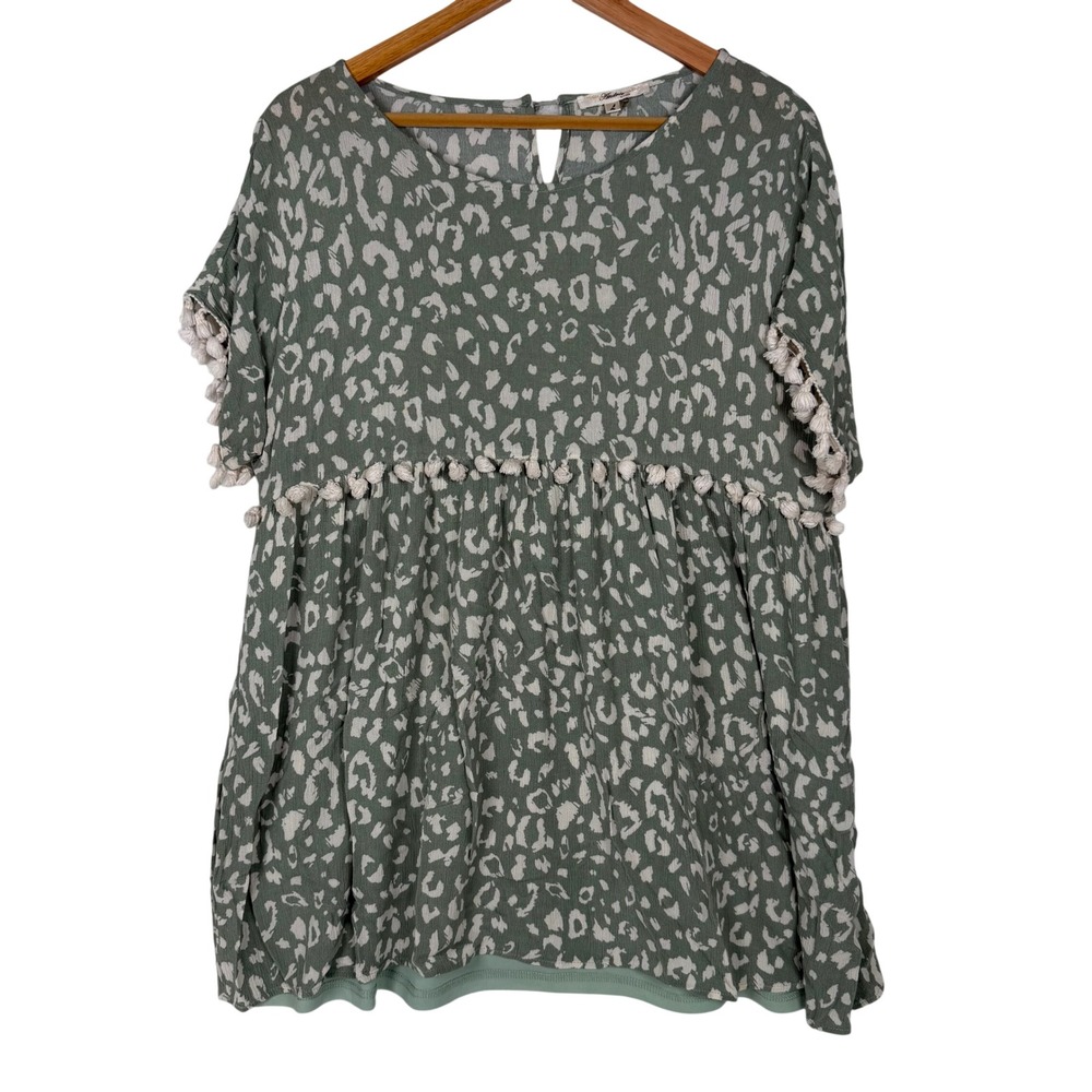 Andree by Unit‎ Babydoll Tunic Womens Large Green Leopard Pom Pom Trim 94257-1